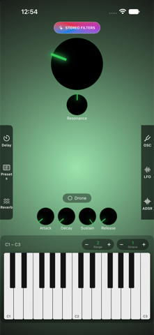 DroneSynth's main synth panel with envelope and drone controls